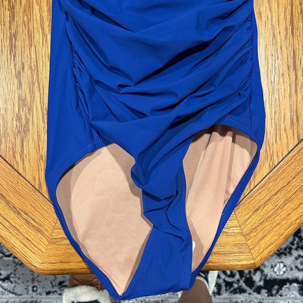 *J. CREW* Blue Ruched Ruffle One-Piece Swimsuit NWT Size 4 - Picture 2 of 11